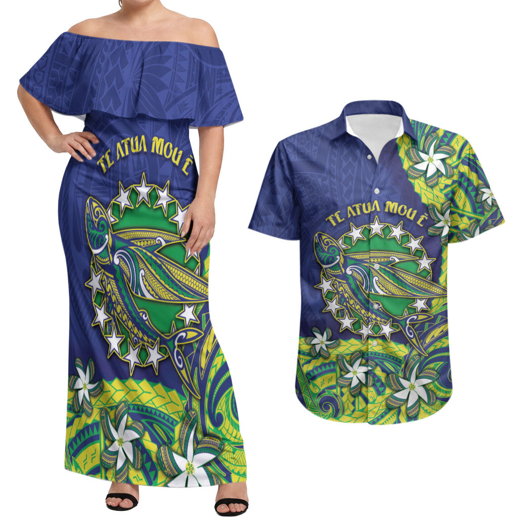 Cook Islands Language Week Couples Matching Off Shoulder Maxi Dress and Hawaiian Shirt Flying Fish 15 Stars Tribal Patterns DT05 Green - Polynesian Pride