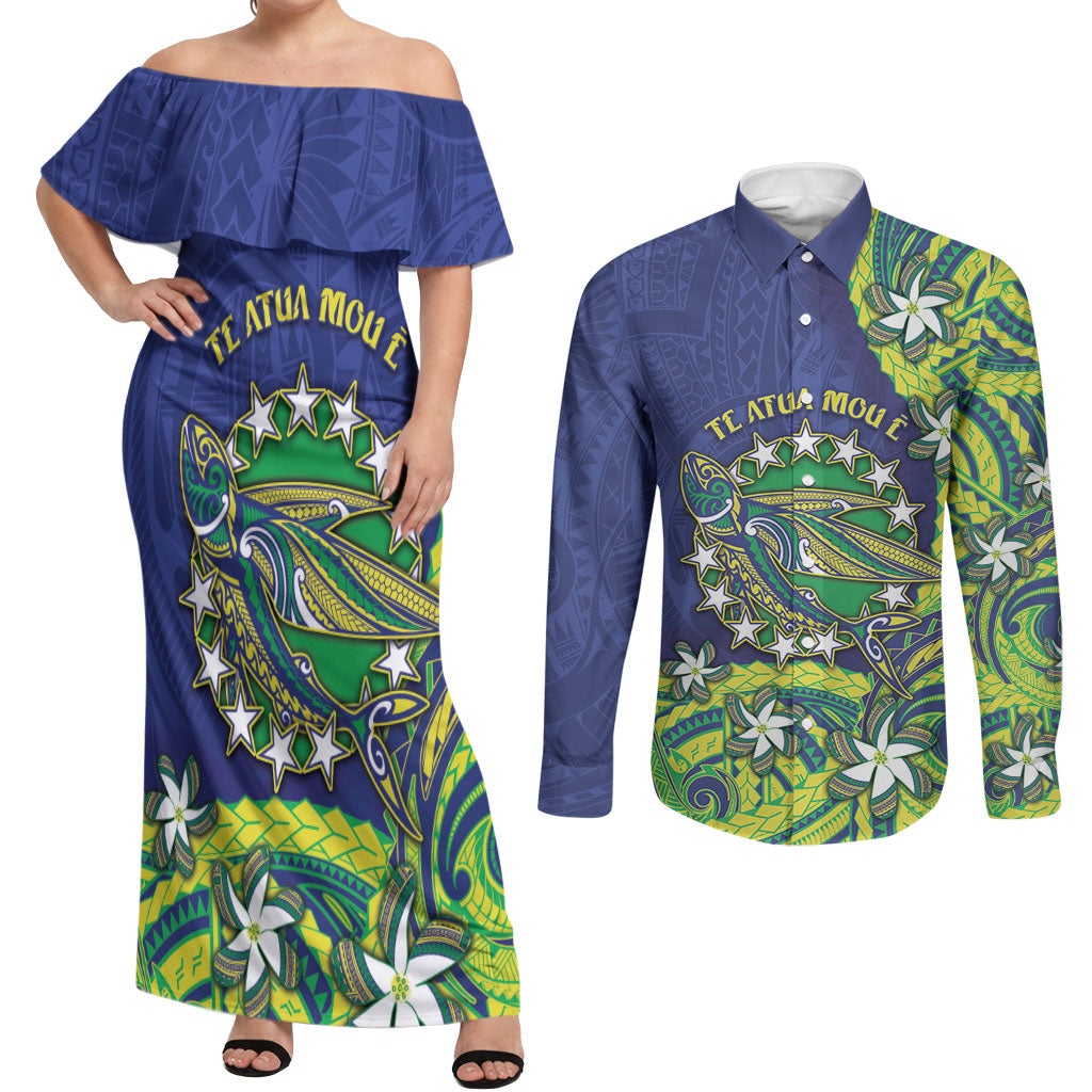 Cook Islands Language Week Couples Matching Off Shoulder Maxi Dress and Long Sleeve Button Shirt Flying Fish 15 Stars Tribal Patterns DT05 Green - Polynesian Pride