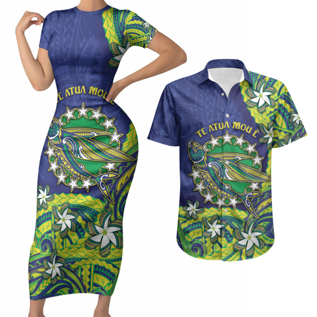 Cook Islands Language Week Couples Matching Short Sleeve Bodycon Dress and Hawaiian Shirt Flying Fish 15 Stars Tribal Patterns DT05 Green - Polynesian Pride