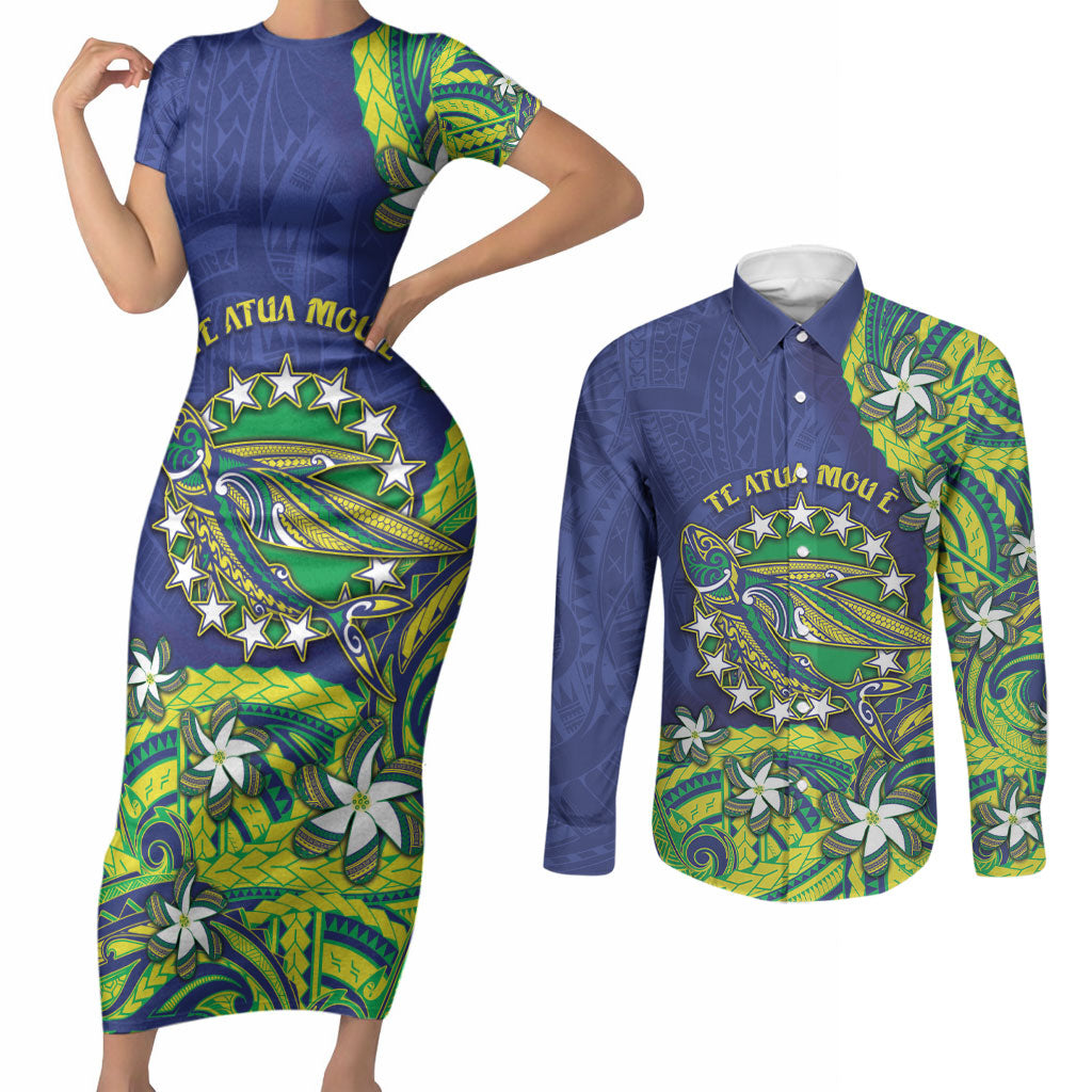 Cook Islands Language Week Couples Matching Short Sleeve Bodycon Dress and Long Sleeve Button Shirt Flying Fish 15 Stars Tribal Patterns DT05 Green - Polynesian Pride