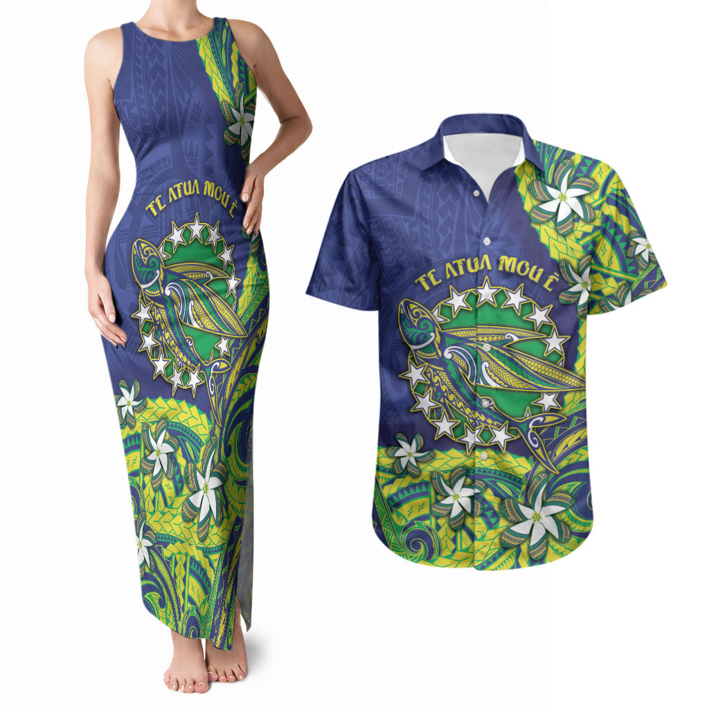 Cook Islands Language Week Couples Matching Tank Maxi Dress and Hawaiian Shirt Flying Fish 15 Stars Tribal Patterns DT05 Green - Polynesian Pride