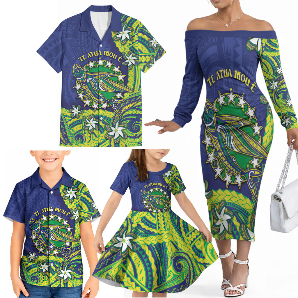 Cook Islands Language Week Family Matching Off The Shoulder Long Sleeve Dress and Hawaiian Shirt Flying Fish 15 Stars Tribal Patterns DT05 - Polynesian Pride