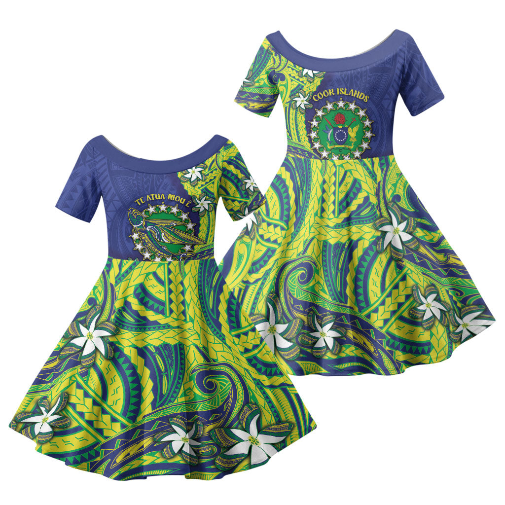 Cook Islands Language Week Family Matching Off Shoulder Short Dress and Hawaiian Shirt Flying Fish 15 Stars Tribal Patterns