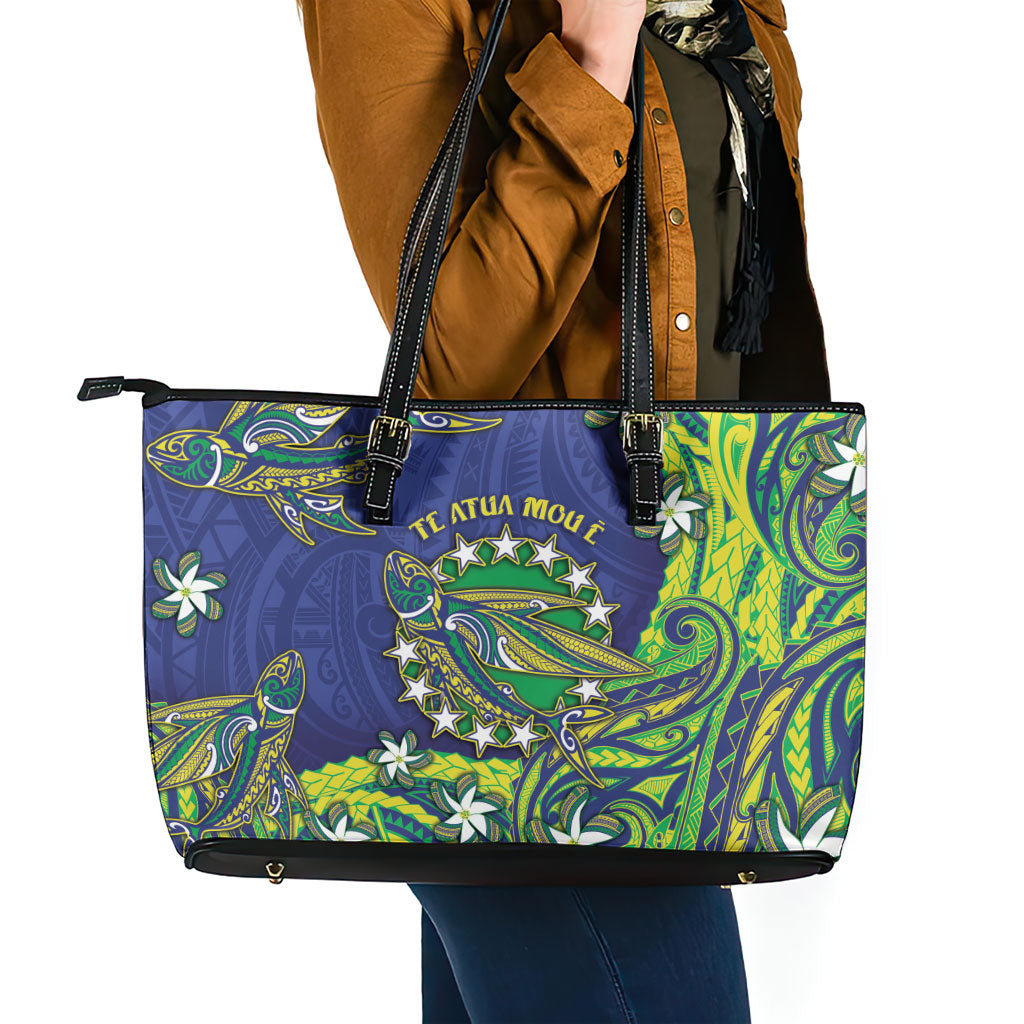Cook Islands Language Week Leather Tote Bag Flying Fish 15 Stars Tribal Patterns