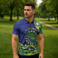 Cook Islands Language Week Zipper Polo Shirt Flying Fish 15 Stars Tribal Patterns