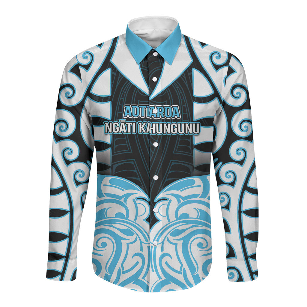 Custom Aotearoa Ngati Kahungunu Long Sleeve Button Shirt New Zealand Traditional Maori Pattern DT05 Unisex Blue - Polynesian Pride