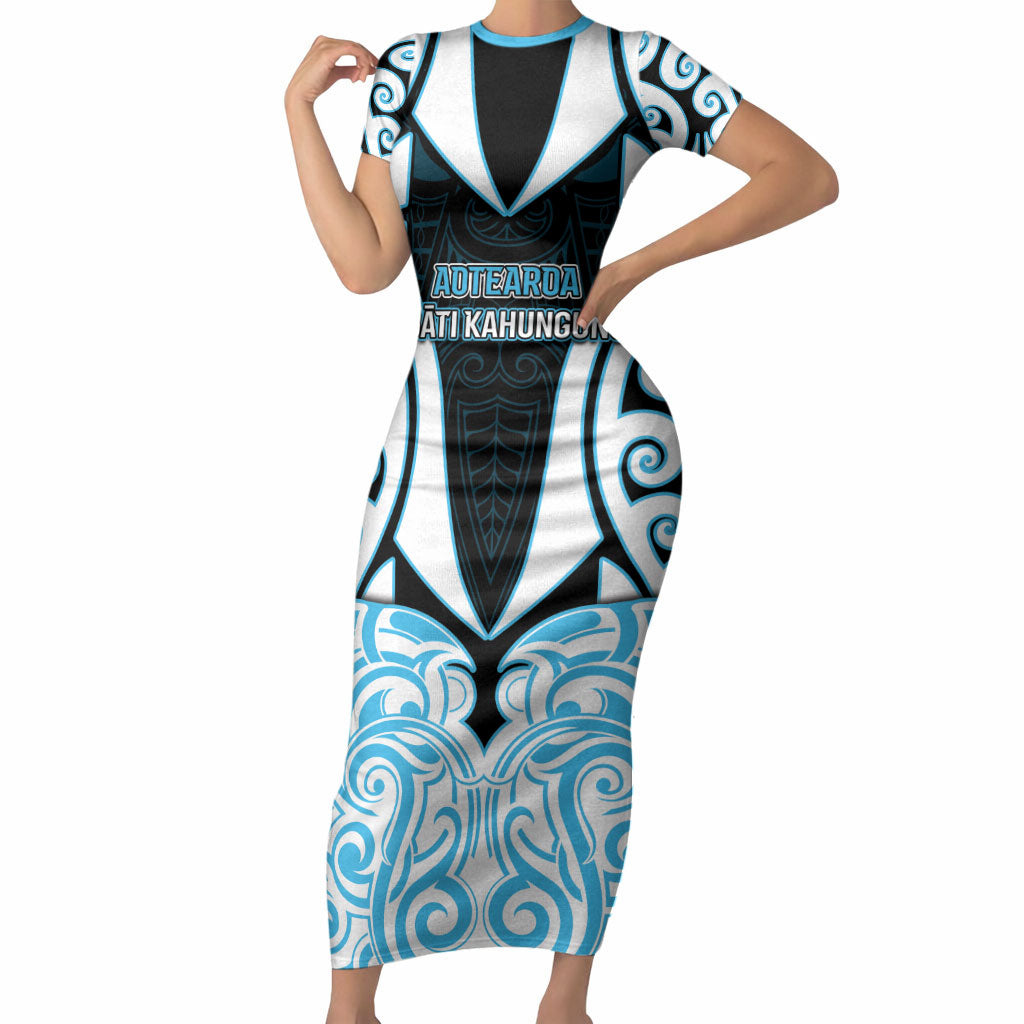 Custom Aotearoa Ngati Kahungunu Short Sleeve Bodycon Dress New Zealand Traditional Maori Pattern DT05 Long Dress Blue - Polynesian Pride
