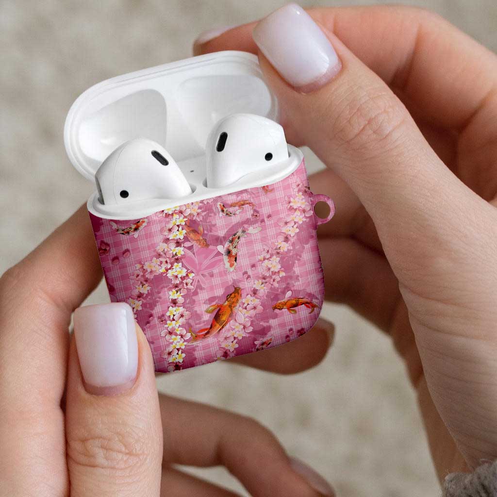 Pink Palaka Hawaiian And Japanese AirPods Case Sakura Lei With Koi Fish - Polynesian Pride