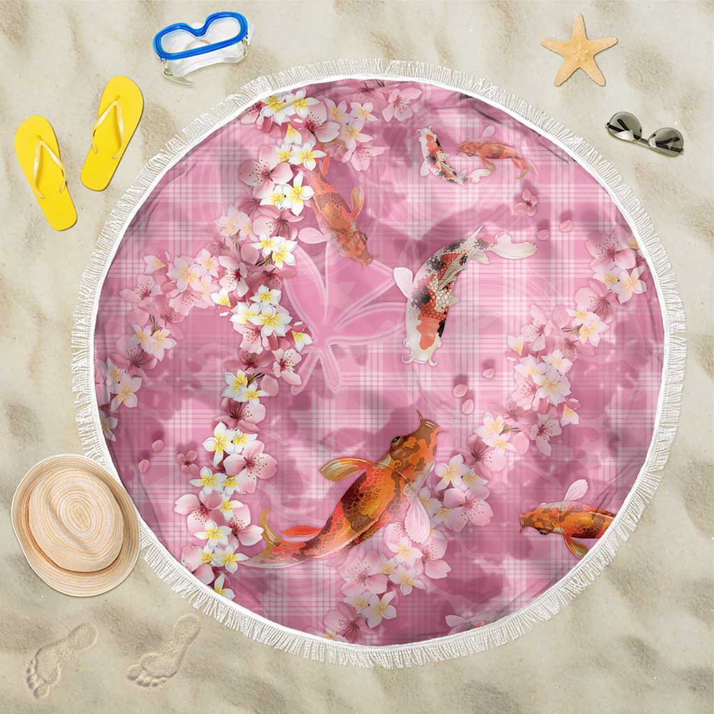 Pink Palaka Hawaiian And Japanese Beach Blanket Sakura Lei With Koi Fish DT05 One Size 150cm Pink - Polynesian Pride