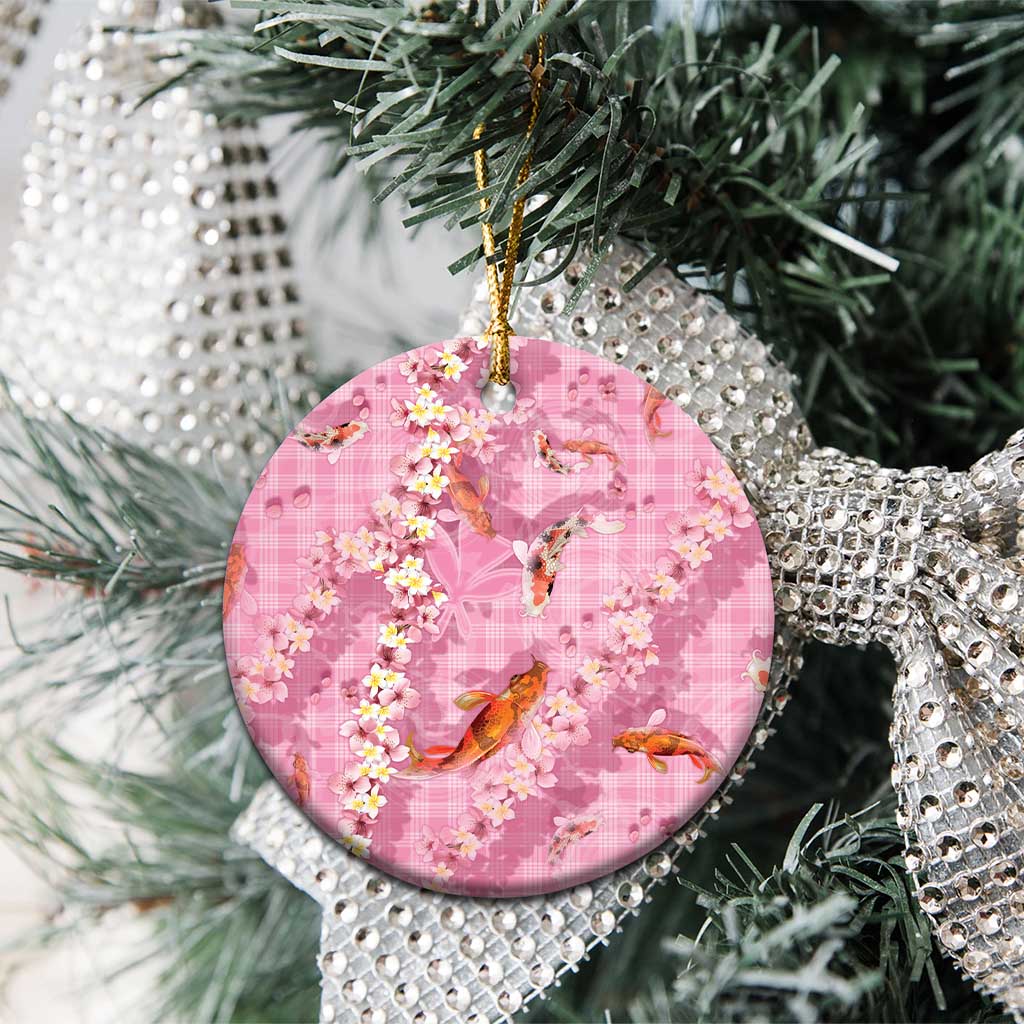Pink Palaka Hawaiian And Japanese Ceramic Ornament Sakura Lei With Koi Fish - Polynesian Pride