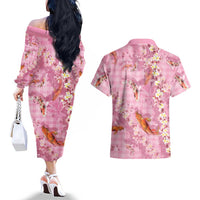 Pink Palaka Hawaiian And Japanese Couples Matching Off The Shoulder Long Sleeve Dress and Hawaiian Shirt Sakura Lei With Koi Fish DT05 - Polynesian Pride