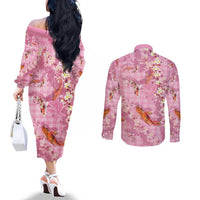Pink Palaka Hawaiian And Japanese Couples Matching Off The Shoulder Long Sleeve Dress and Long Sleeve Button Shirt Sakura Lei With Koi Fish DT05 - Polynesian Pride