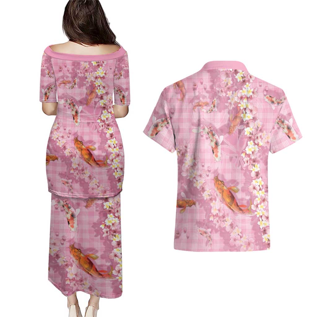 Pink Palaka Hawaiian And Japanese Couples Matching Puletasi and Hawaiian Shirt Sakura Lei With Koi Fish - Polynesian Pride