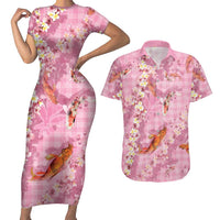 Pink Palaka Hawaiian And Japanese Couples Matching Short Sleeve Bodycon Dress and Hawaiian Shirt Sakura Lei With Koi Fish DT05 Pink - Polynesian Pride
