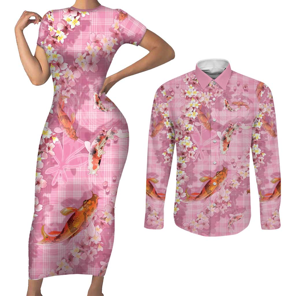 Pink Palaka Hawaiian And Japanese Couples Matching Short Sleeve Bodycon Dress and Long Sleeve Button Shirt Sakura Lei With Koi Fish - Polynesian Pride