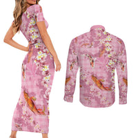 Pink Palaka Hawaiian And Japanese Couples Matching Short Sleeve Bodycon Dress and Long Sleeve Button Shirt Sakura Lei With Koi Fish - Polynesian Pride