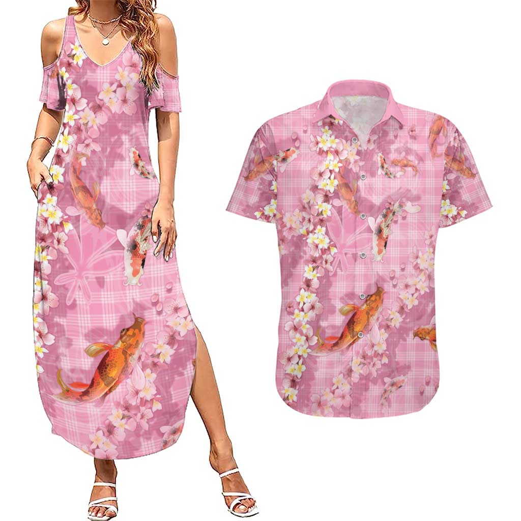 Pink Palaka Hawaiian And Japanese Couples Matching Summer Maxi Dress and Hawaiian Shirt Sakura Lei With Koi Fish - Polynesian Pride