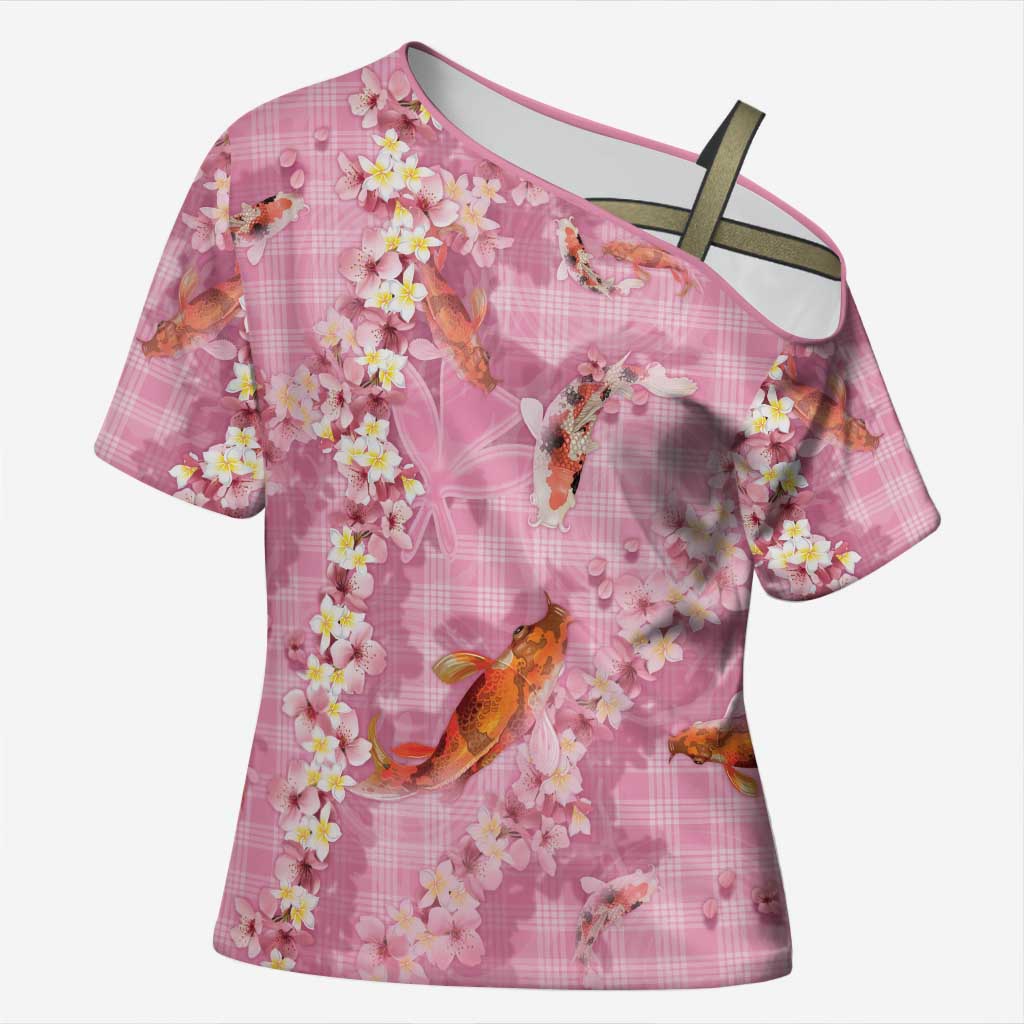Pink Palaka Hawaiian And Japanese Cross Shoulder Shirt Sakura Lei With Koi Fish - Polynesian Pride