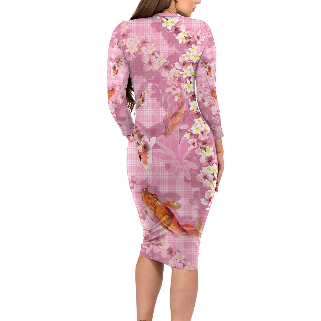 Pink Palaka Hawaiian And Japanese Family Matching Long Sleeve Bodycon Dress and Hawaiian Shirt Sakura Lei With Koi Fish DT05 - Polynesian Pride