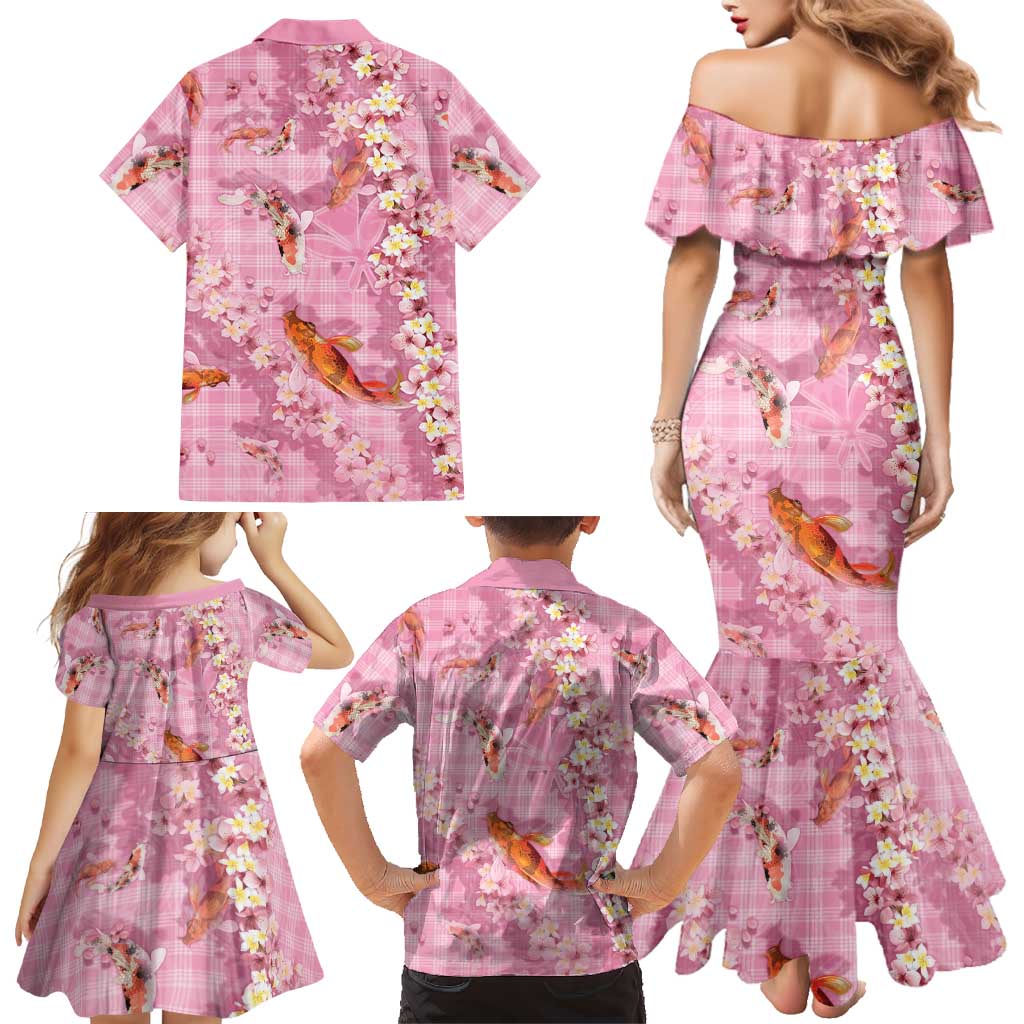 Pink Palaka Hawaiian And Japanese Family Matching Mermaid Dress and Hawaiian Shirt Sakura Lei With Koi Fish DT05 - Polynesian Pride