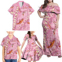 Pink Palaka Hawaiian And Japanese Family Matching Off Shoulder Maxi Dress and Hawaiian Shirt Sakura Lei With Koi Fish DT05 - Polynesian Pride