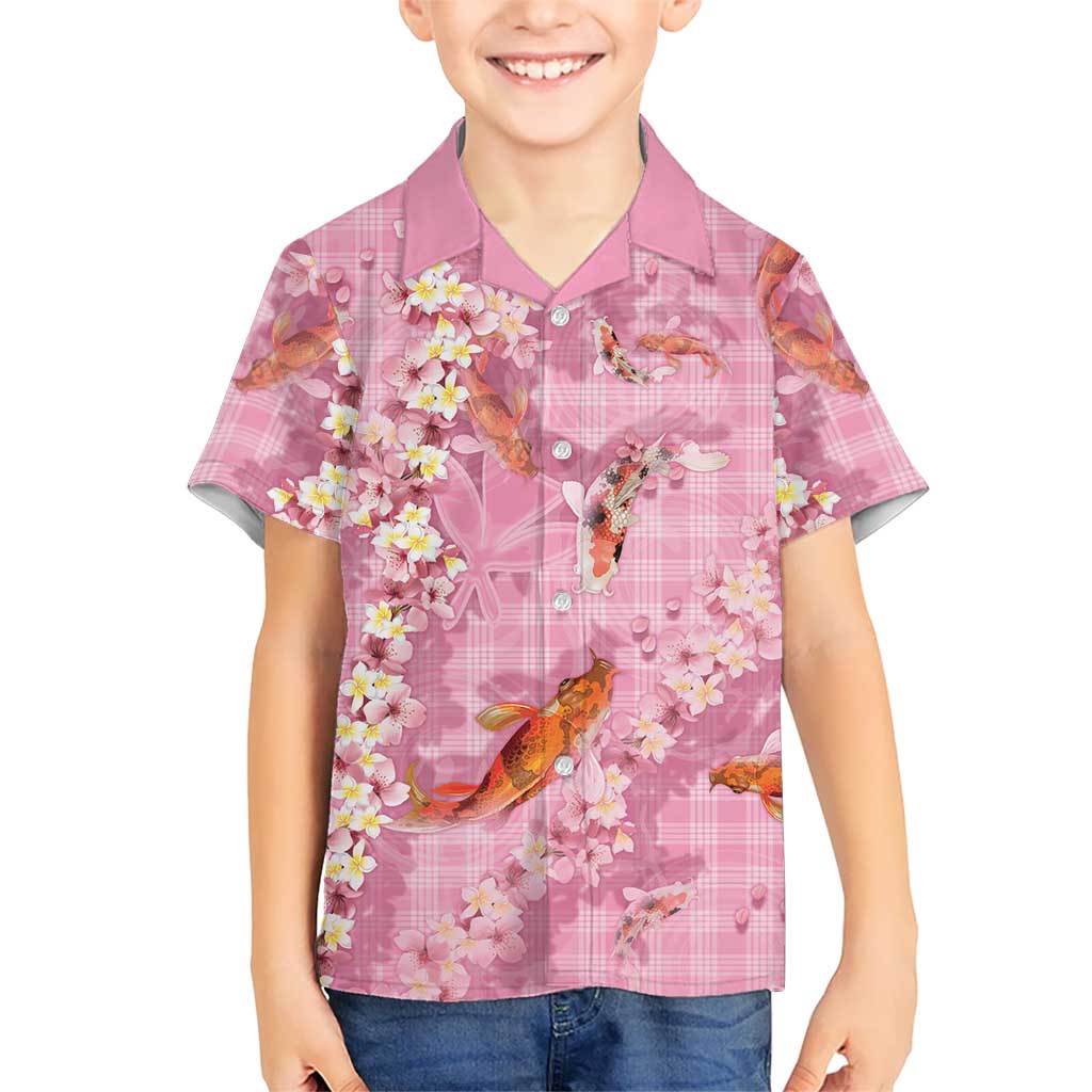 Pink Palaka Hawaiian And Japanese Family Matching Off Shoulder Maxi Dress and Hawaiian Shirt Sakura Lei With Koi Fish DT05 Son's Shirt Pink - Polynesian Pride