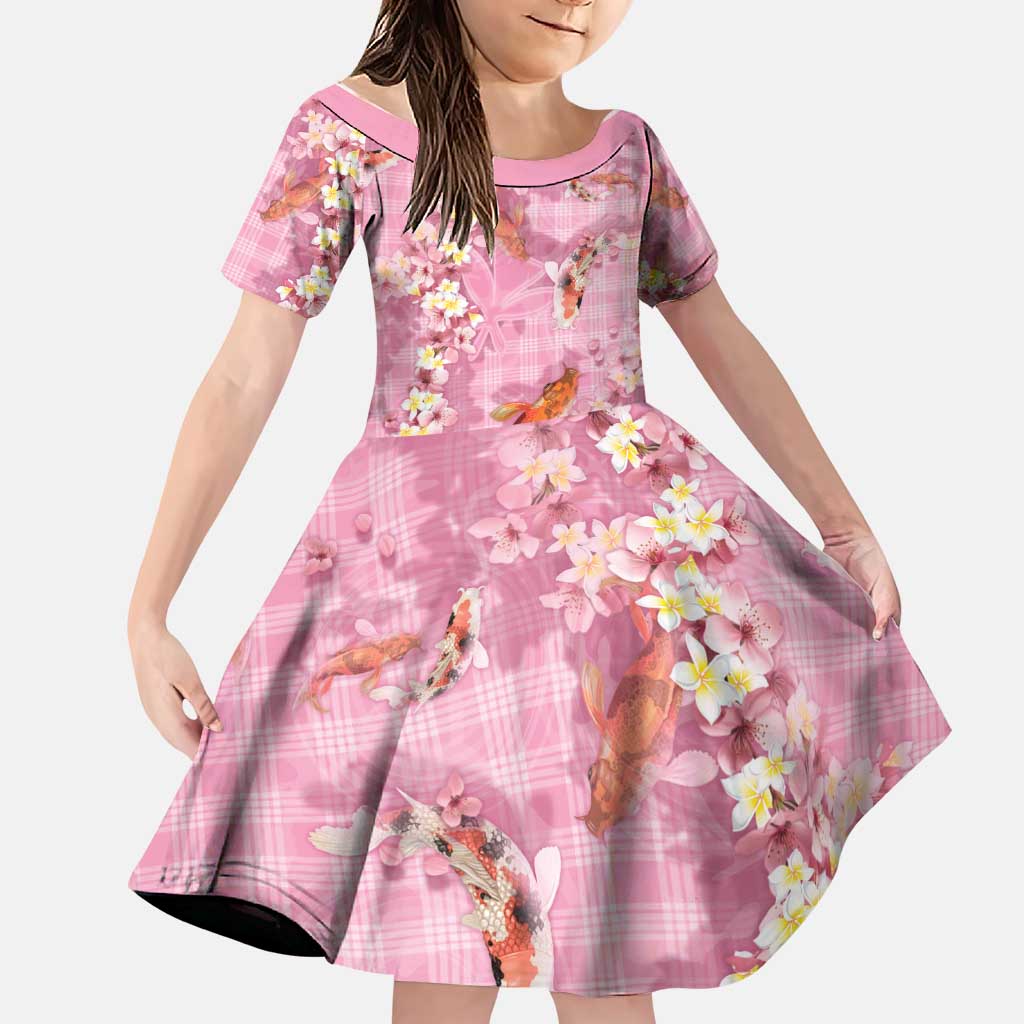 Pink Palaka Hawaiian And Japanese Family Matching Off Shoulder Short Dress and Hawaiian Shirt Sakura Lei With Koi Fish DT05 Daughter's Dress Pink - Polynesian Pride