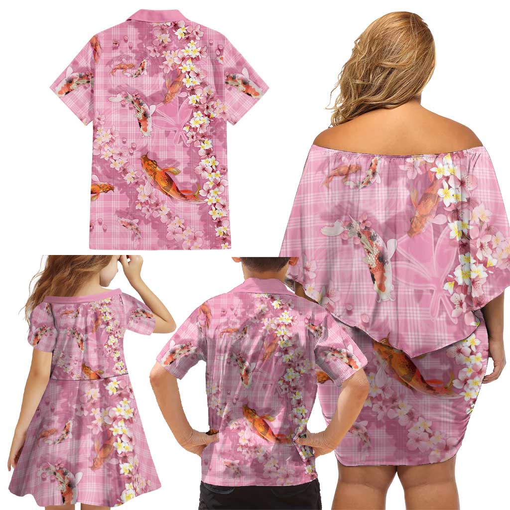 Pink Palaka Hawaiian And Japanese Family Matching Off Shoulder Short Dress and Hawaiian Shirt Sakura Lei With Koi Fish DT05 - Polynesian Pride