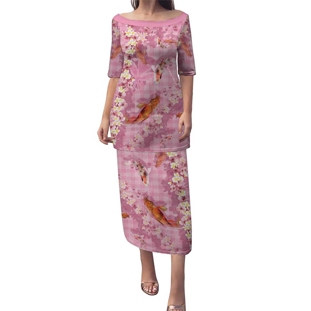 Pink Palaka Hawaiian And Japanese Family Matching Puletasi and Hawaiian Shirt Sakura Lei With Koi Fish DT05 Mom's Dress Pink - Polynesian Pride