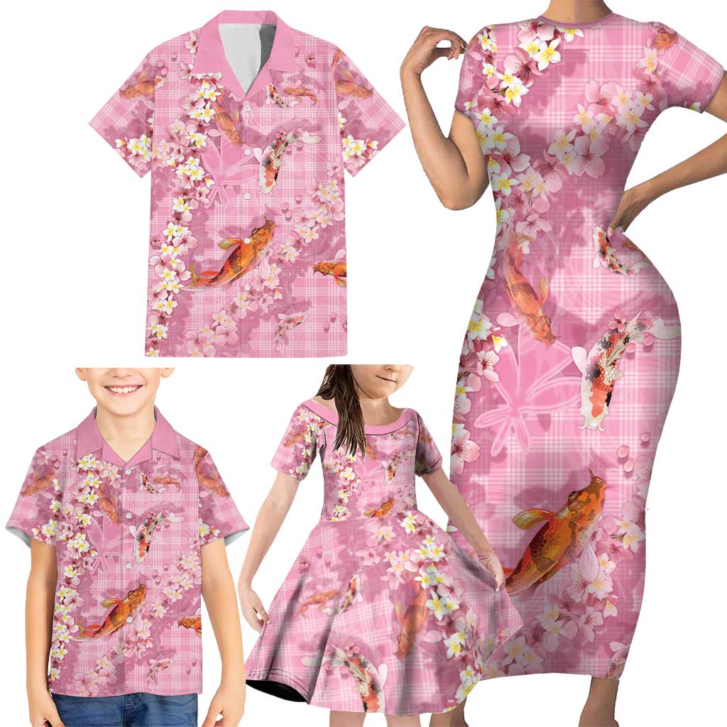 Pink Palaka Hawaiian And Japanese Family Matching Short Sleeve Bodycon Dress and Hawaiian Shirt Sakura Lei With Koi Fish DT05 - Polynesian Pride