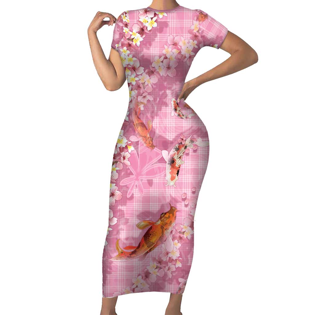 Pink Palaka Hawaiian And Japanese Family Matching Short Sleeve Bodycon Dress and Hawaiian Shirt Sakura Lei With Koi Fish DT05 Mom's Dress Pink - Polynesian Pride