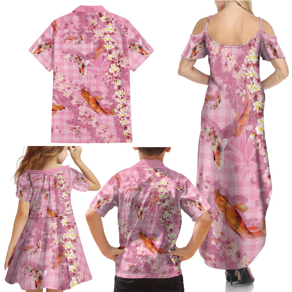 Pink Palaka Hawaiian And Japanese Family Matching Summer Maxi Dress and Hawaiian Shirt Sakura Lei With Koi Fish DT05 - Polynesian Pride