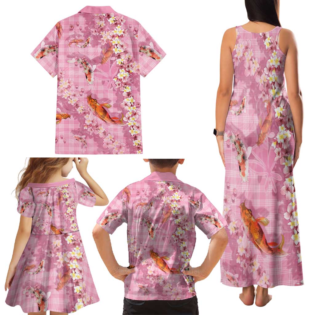 Pink Palaka Hawaiian And Japanese Family Matching Tank Maxi Dress and Hawaiian Shirt Sakura Lei With Koi Fish DT05 - Polynesian Pride
