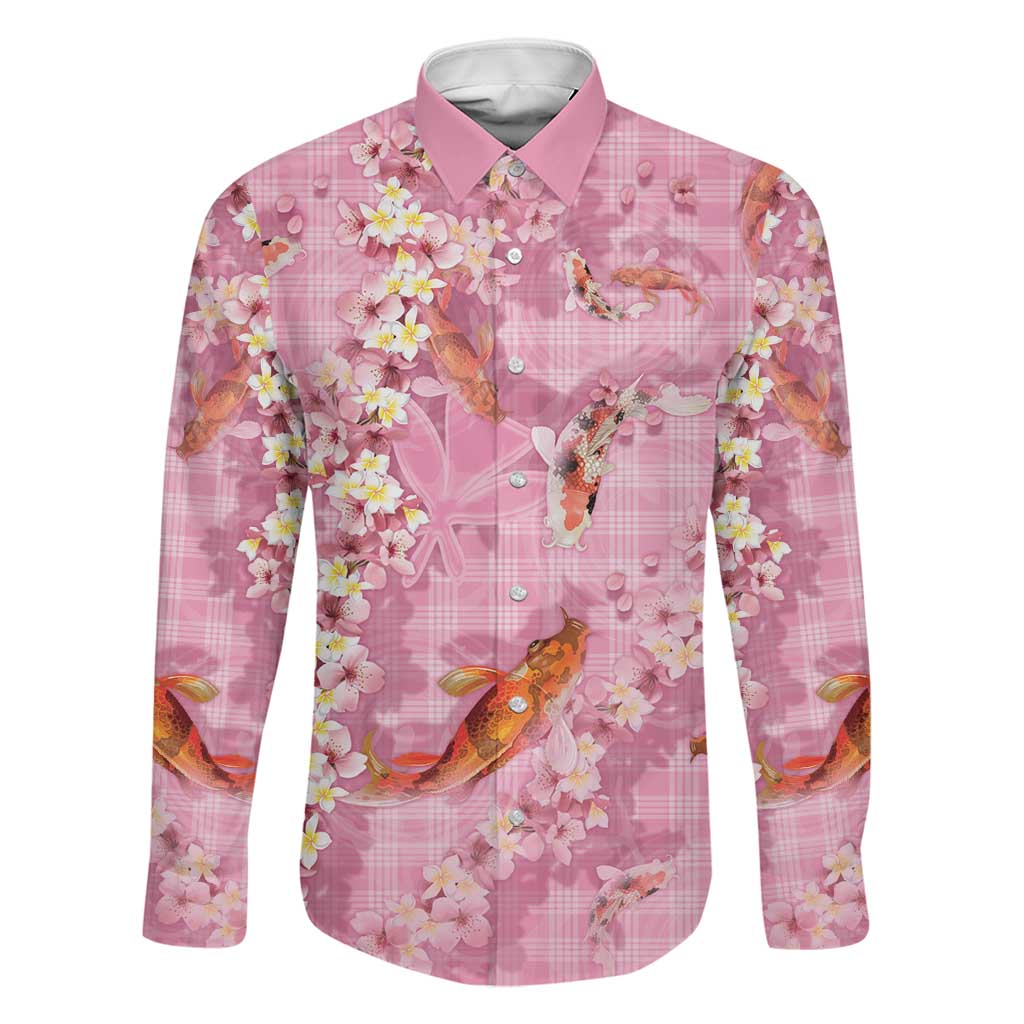 Pink Palaka Hawaiian And Japanese Family Matching Tank Maxi Dress and Hawaiian Shirt Sakura Lei With Koi Fish DT05 Dad's Shirt - Long Sleeve Pink - Polynesian Pride