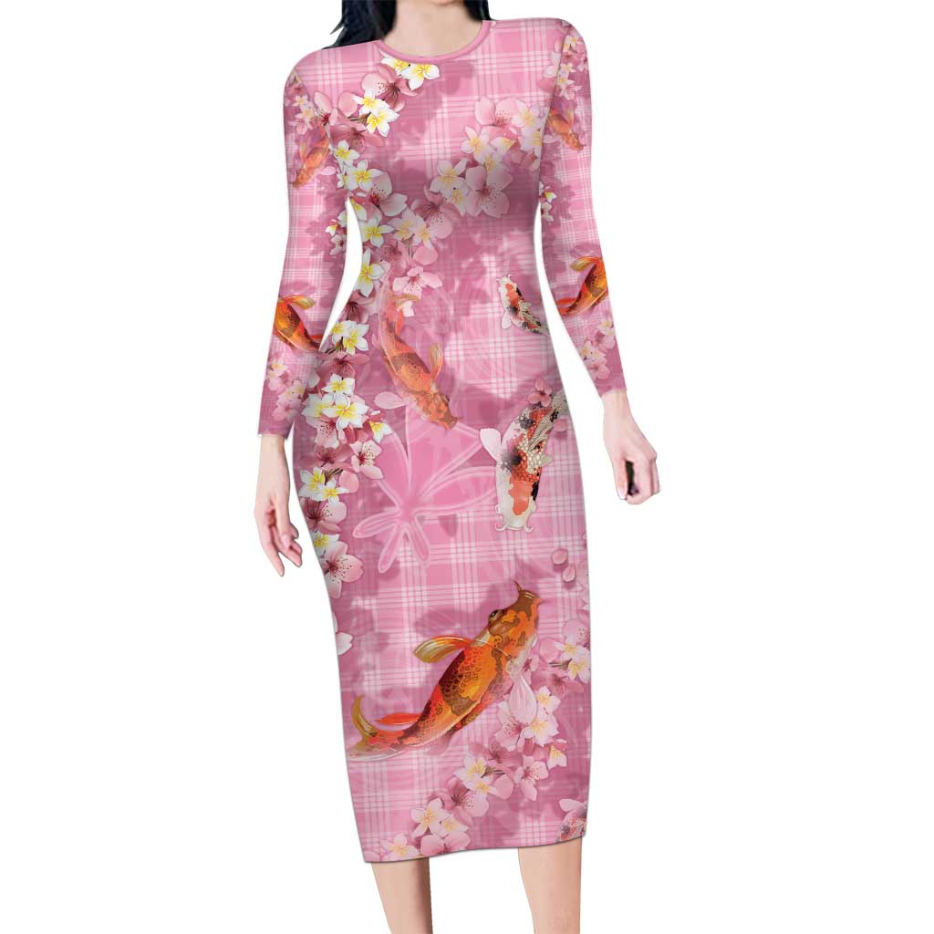 Pink Palaka Hawaiian And Japanese Long Sleeve Bodycon Dress Sakura Lei With Koi Fish - Polynesian Pride