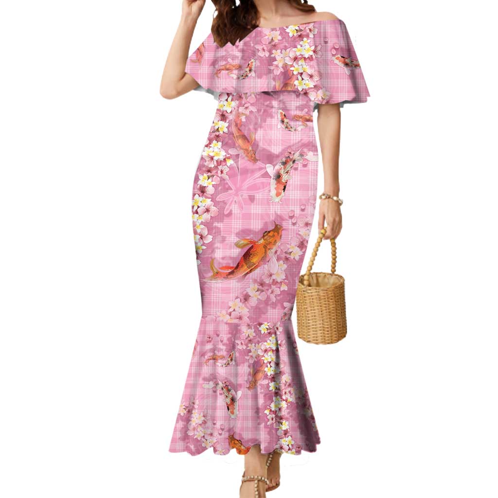 Pink Palaka Hawaiian And Japanese Mermaid Dress Sakura Lei With Koi Fish - Polynesian Pride