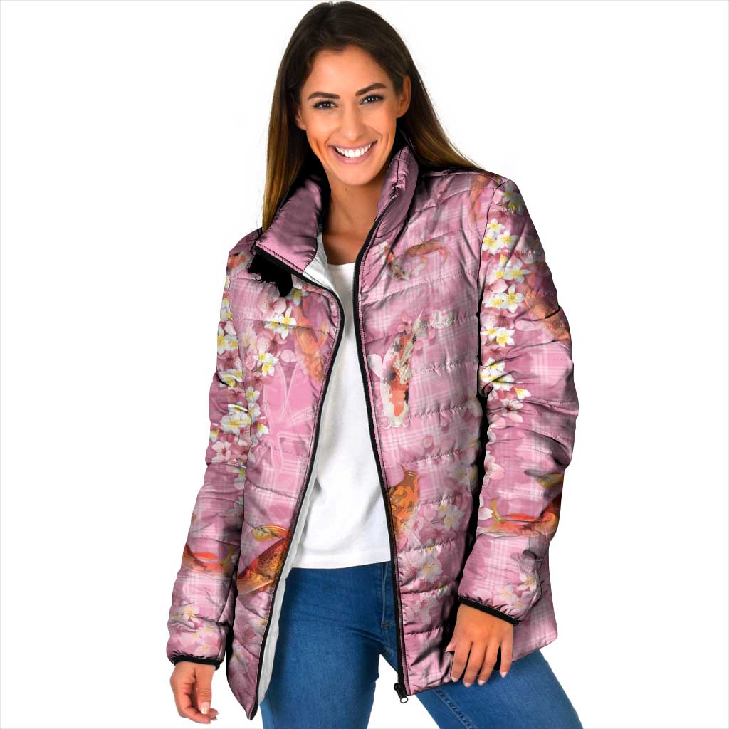 Pink Palaka Hawaiian And Japanese Padded Jacket Sakura Lei With Koi Fish - Polynesian Pride