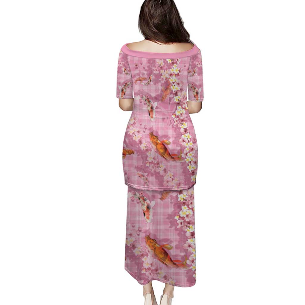 Pink Palaka Hawaiian And Japanese Puletasi Sakura Lei With Koi Fish - Polynesian Pride