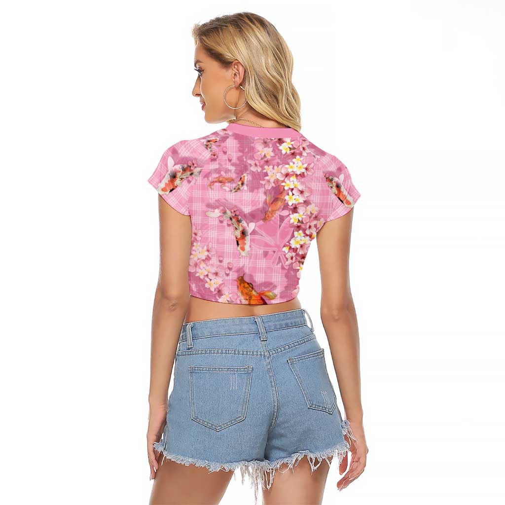 Pink Palaka Hawaiian And Japanese Raglan Cropped T Shirt Sakura Lei With Koi Fish - Polynesian Pride