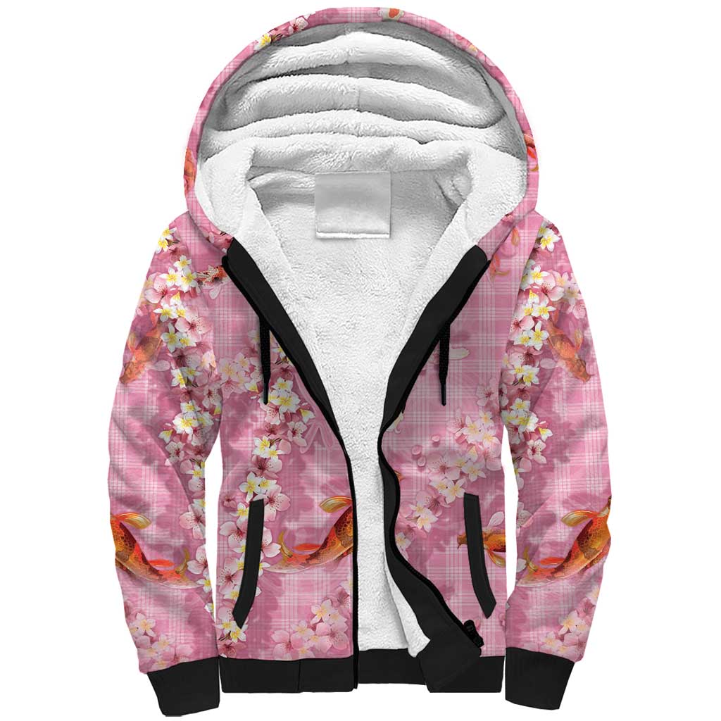 Pink Palaka Hawaiian And Japanese Sherpa Hoodie Sakura Lei With Koi Fish - Polynesian Pride