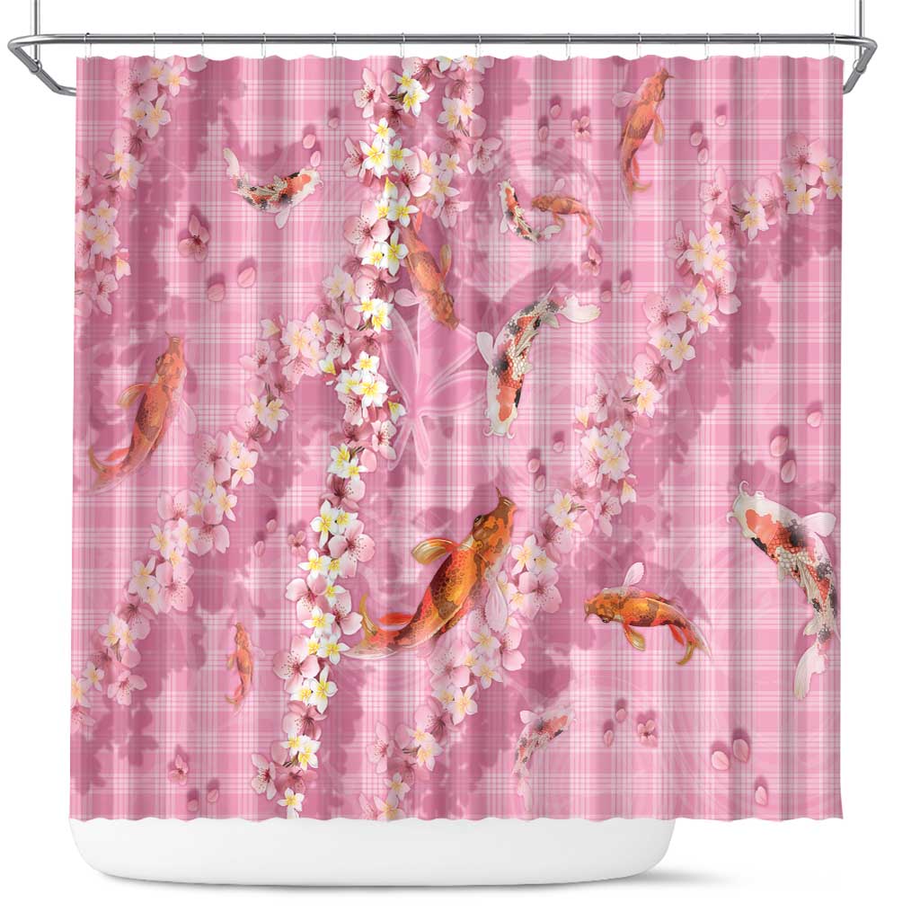 Pink Palaka Hawaiian And Japanese Shower Curtain Sakura Lei With Koi Fish DT05 Pink - Polynesian Pride