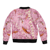 Pink Palaka Hawaiian And Japanese Sleeve Zip Bomber Jacket Sakura Lei With Koi Fish DT05 - Polynesian Pride