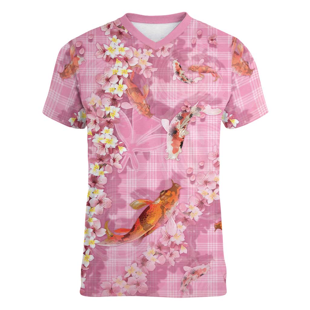 Pink Palaka Hawaiian And Japanese Women V-Neck T-Shirt Sakura Lei With Koi Fish - Polynesian Pride