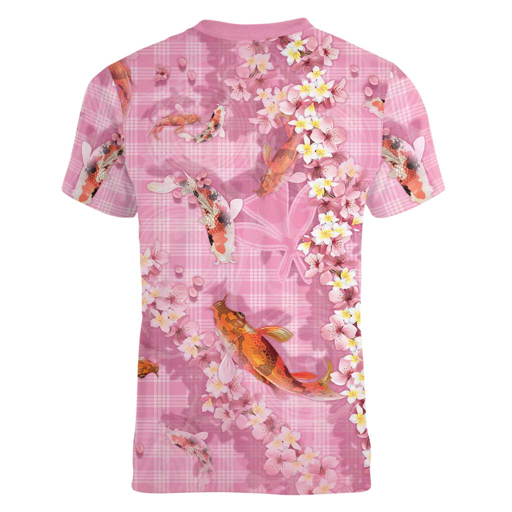 Pink Palaka Hawaiian And Japanese Women V-Neck T-Shirt Sakura Lei With Koi Fish - Polynesian Pride