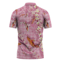 Pink Palaka Hawaiian And Japanese Zipper Polo Shirt Sakura Lei With Koi Fish - Polynesian Pride