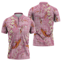 Pink Palaka Hawaiian And Japanese Zipper Polo Shirt Sakura Lei With Koi Fish - Polynesian Pride