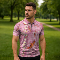 Pink Palaka Hawaiian And Japanese Zipper Polo Shirt Sakura Lei With Koi Fish - Polynesian Pride