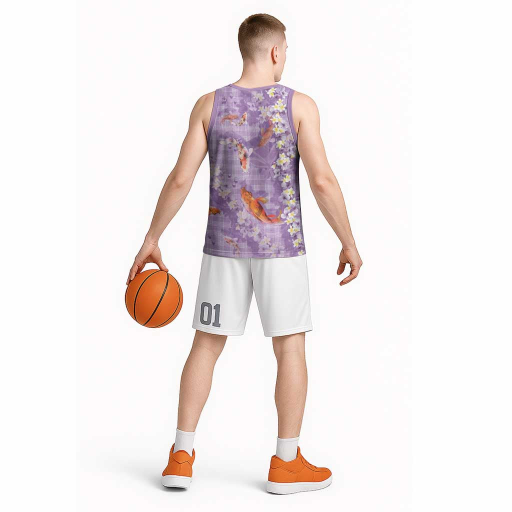 Purple Palaka Hawaiian And Japanese Basketball Jersey Sakura Lei With Koi Fish - Polynesian Pride