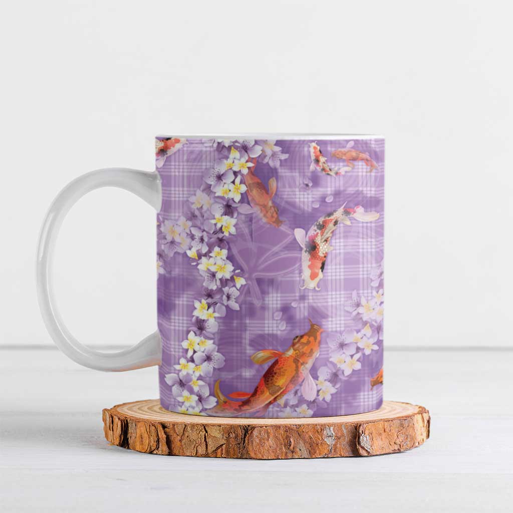 Purple Palaka Hawaiian And Japanese Ceramic Mug Sakura Lei With Koi Fish - Polynesian Pride