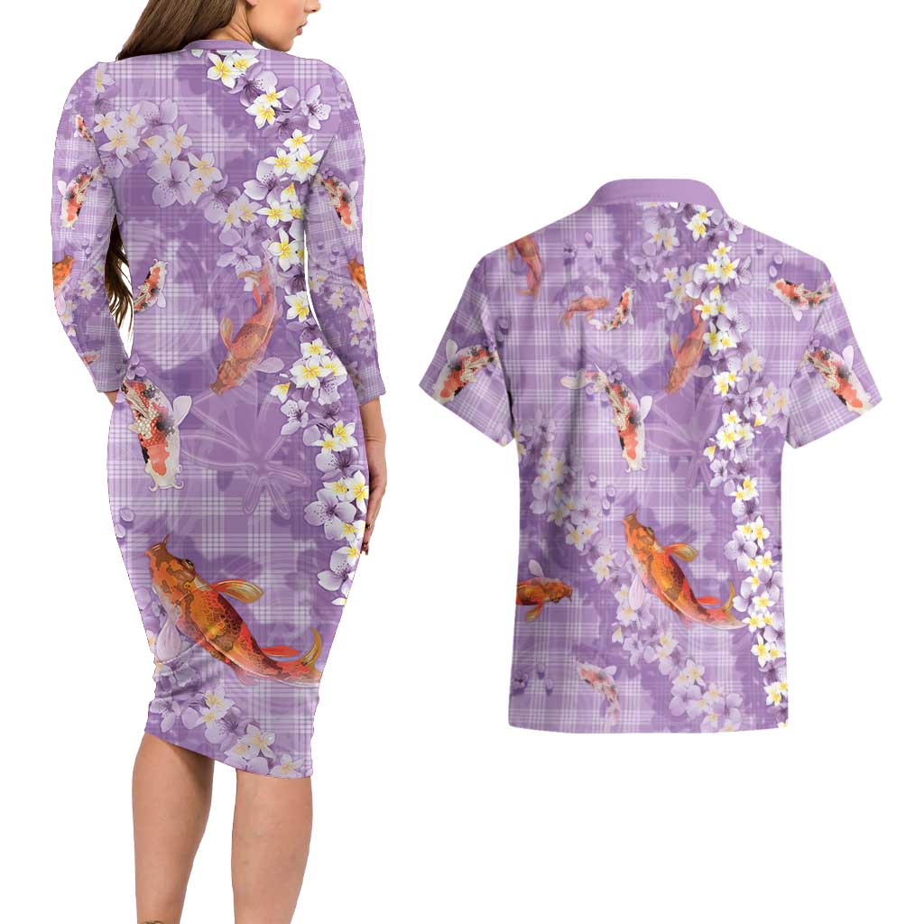 Purple Palaka Hawaiian And Japanese Couples Matching Long Sleeve Bodycon Dress and Hawaiian Shirt Sakura Lei With Koi Fish DT05 - Polynesian Pride